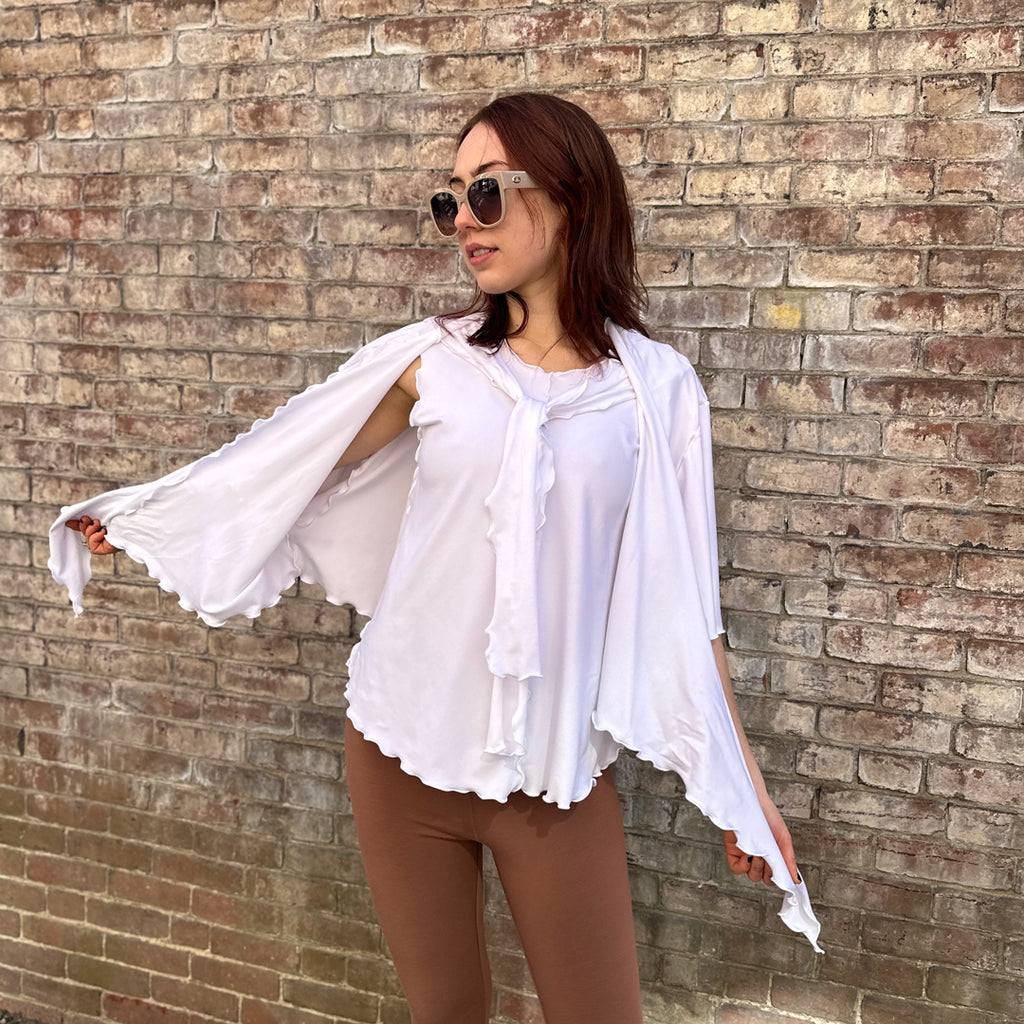 angelrox® flutter jacket in white paired with white honey tank