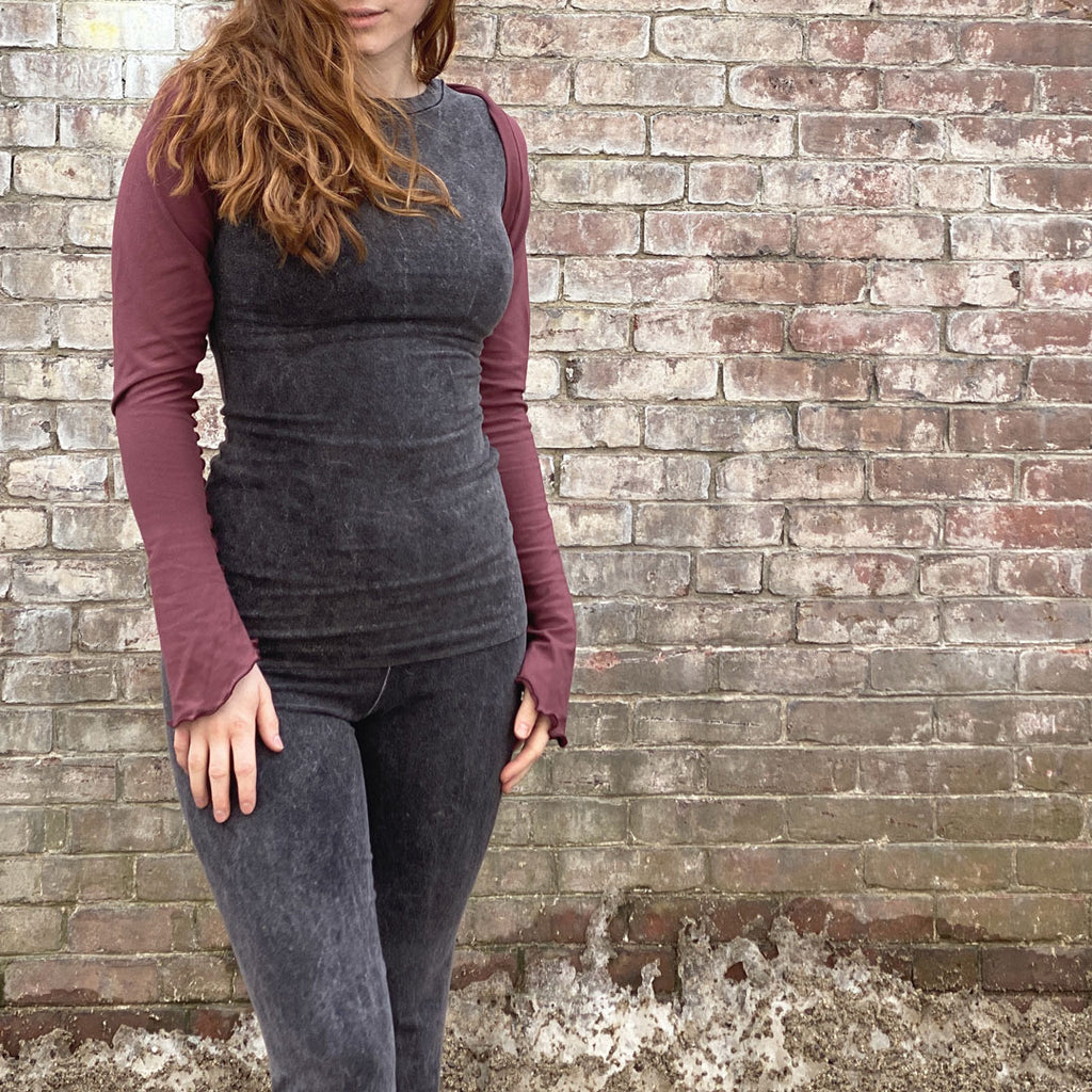 cap tunic in mineral with lush shrug and mineral trouser