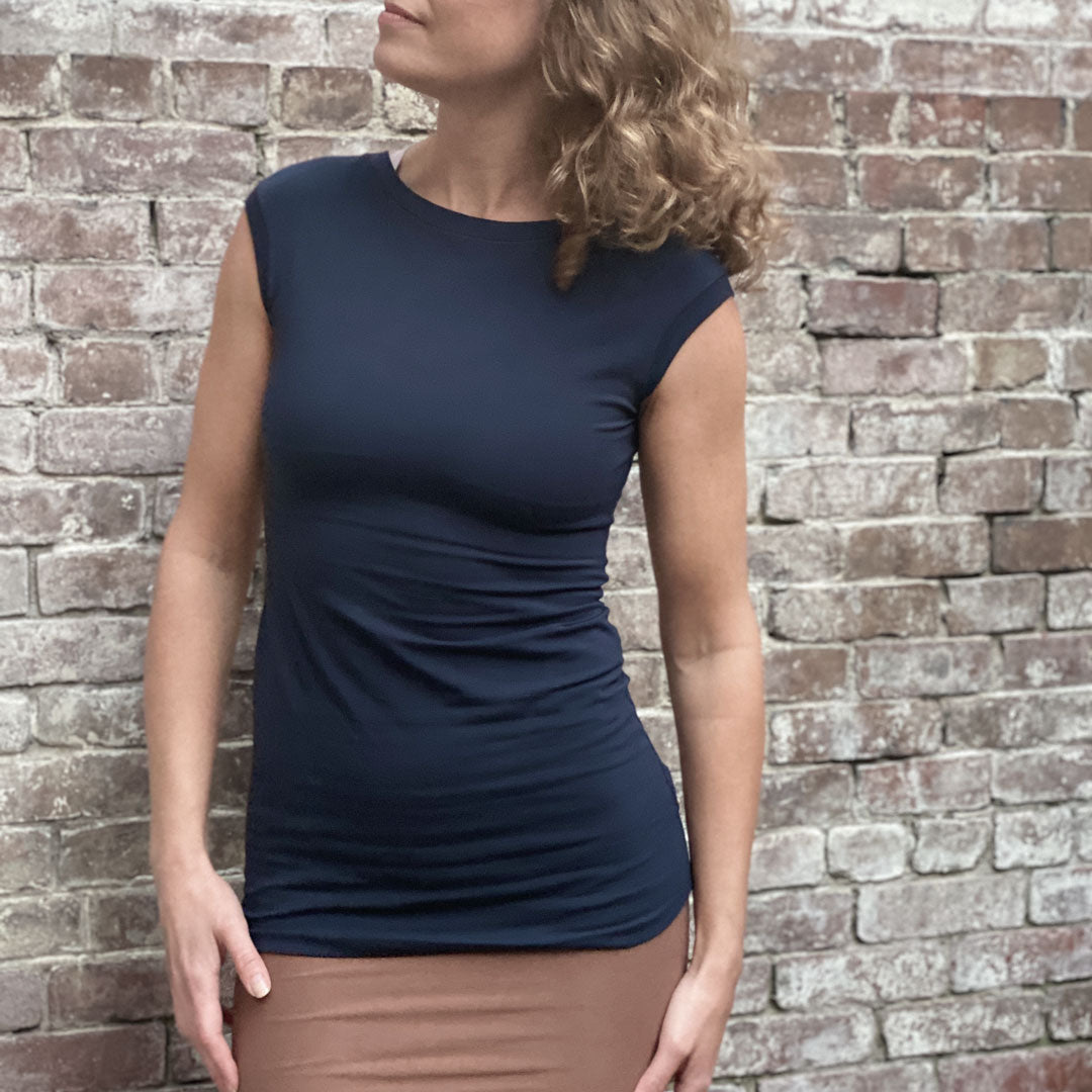 cap tunic in navy with cedar hourglass model 5.9" size wing