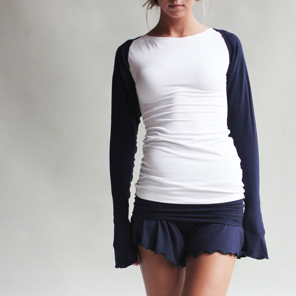 angelrox white cap tunic with navy shrug and romper