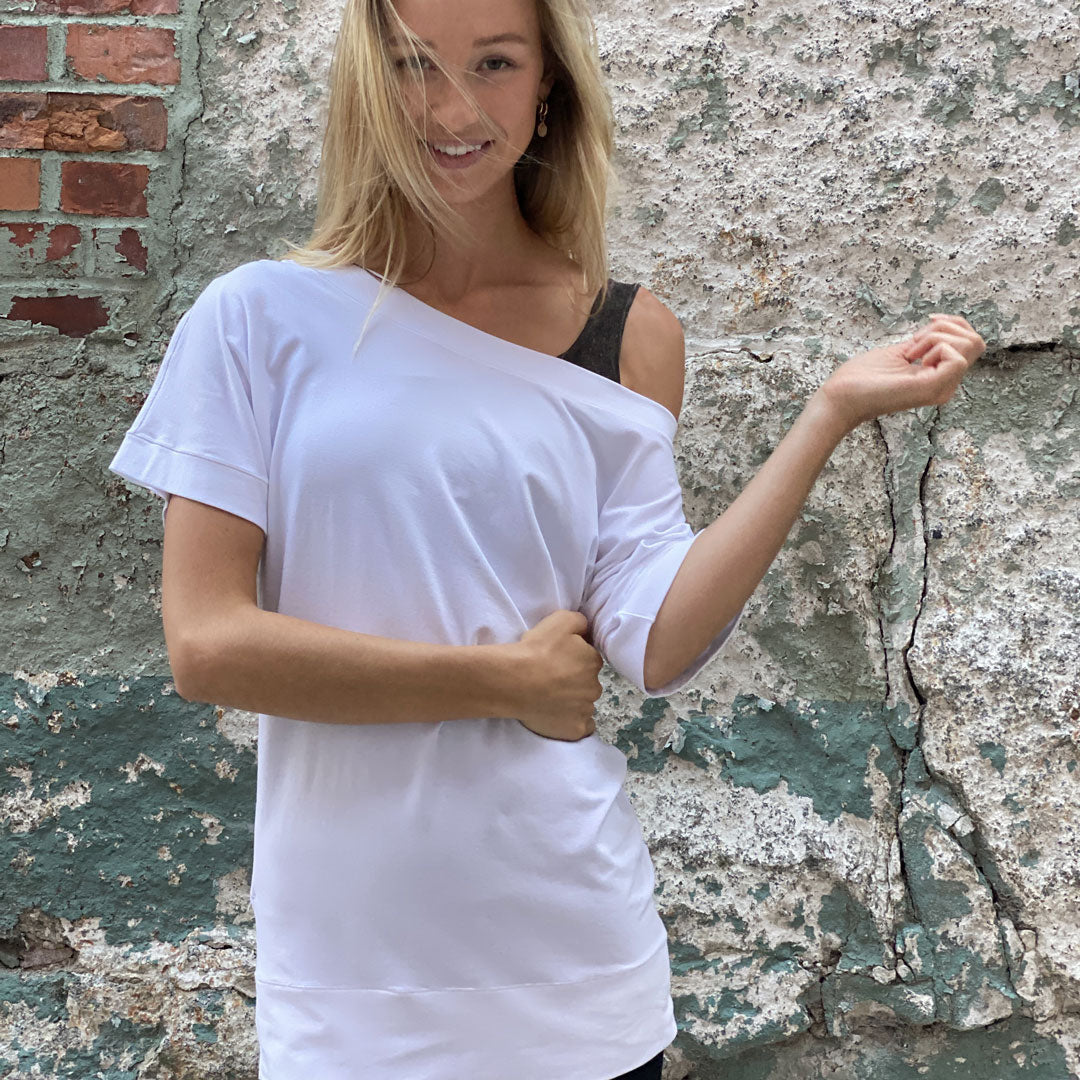 flash off shoulder top in white