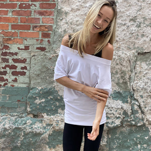 flash off shoulder top in white