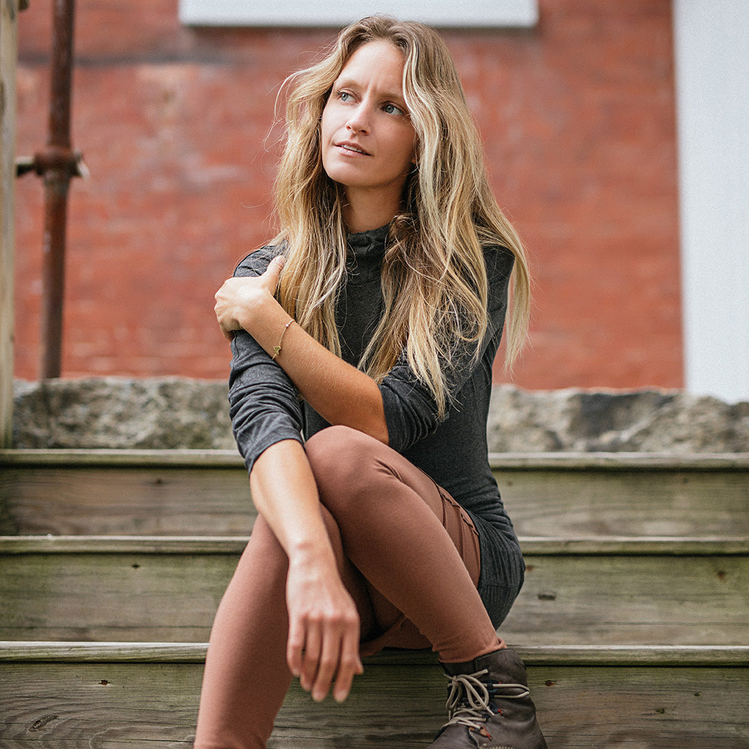 scuba hooded ski tunic in charcoal with cedar playsuit