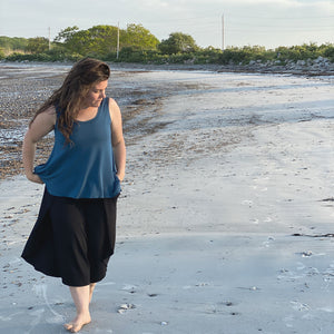 tulip tissue tank in lake with petal pant in black