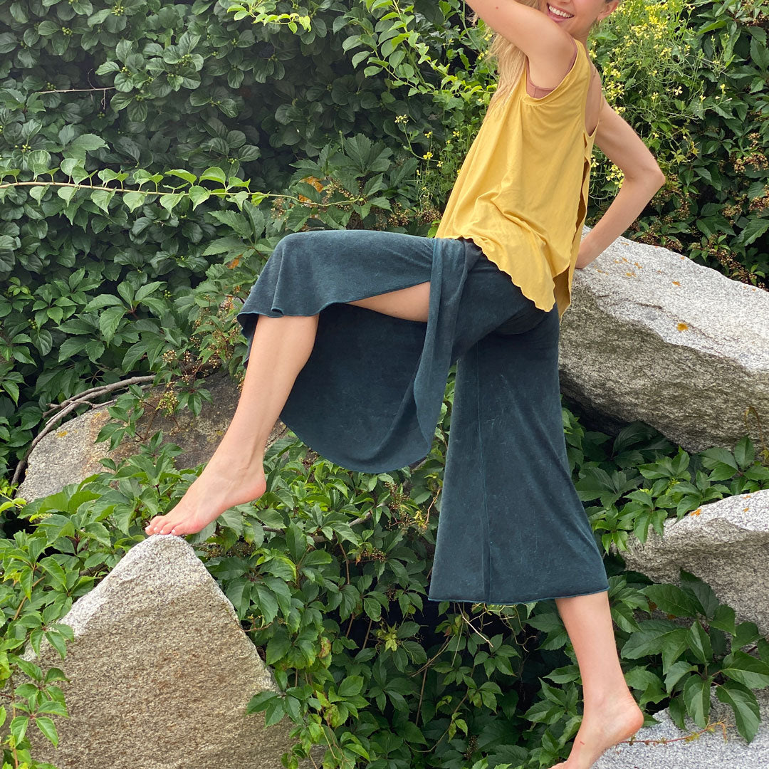 tulip tissue tank in amber with petal pant in blue mineral