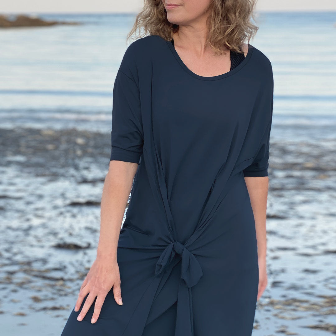 tissue navy tide dress glides over curves