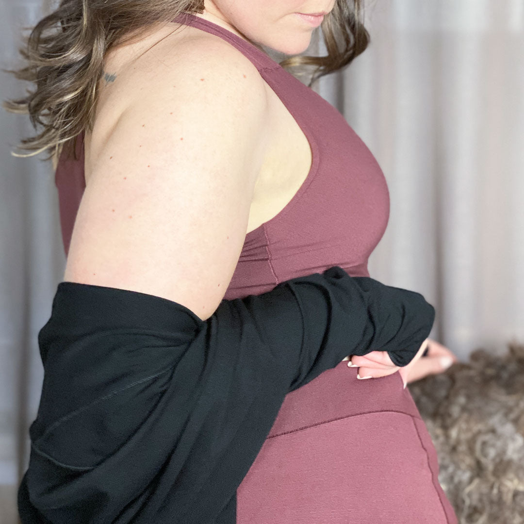 lush brief + balance bra with the black garden coat