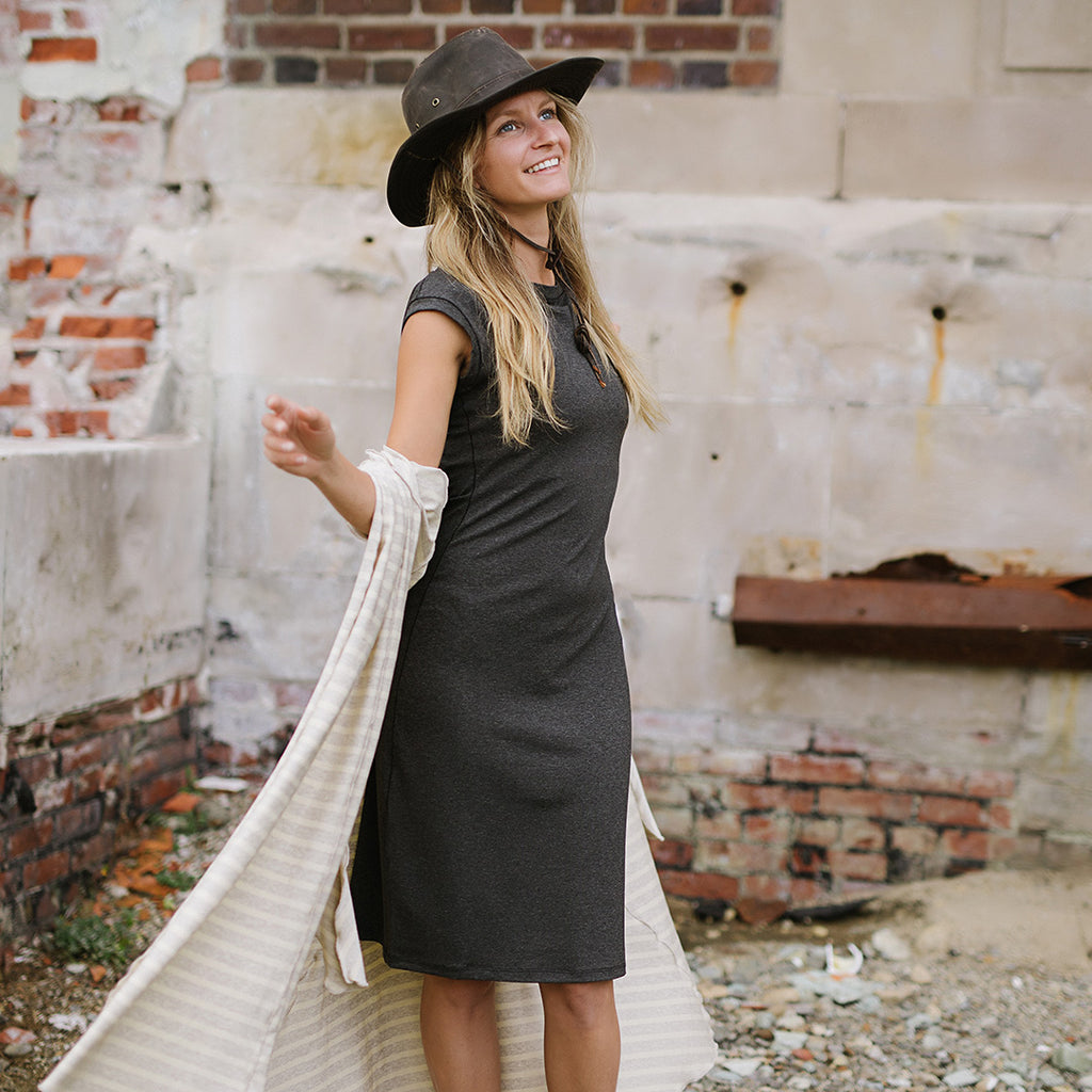 cap sheath dress in charcoal with dune garden coat