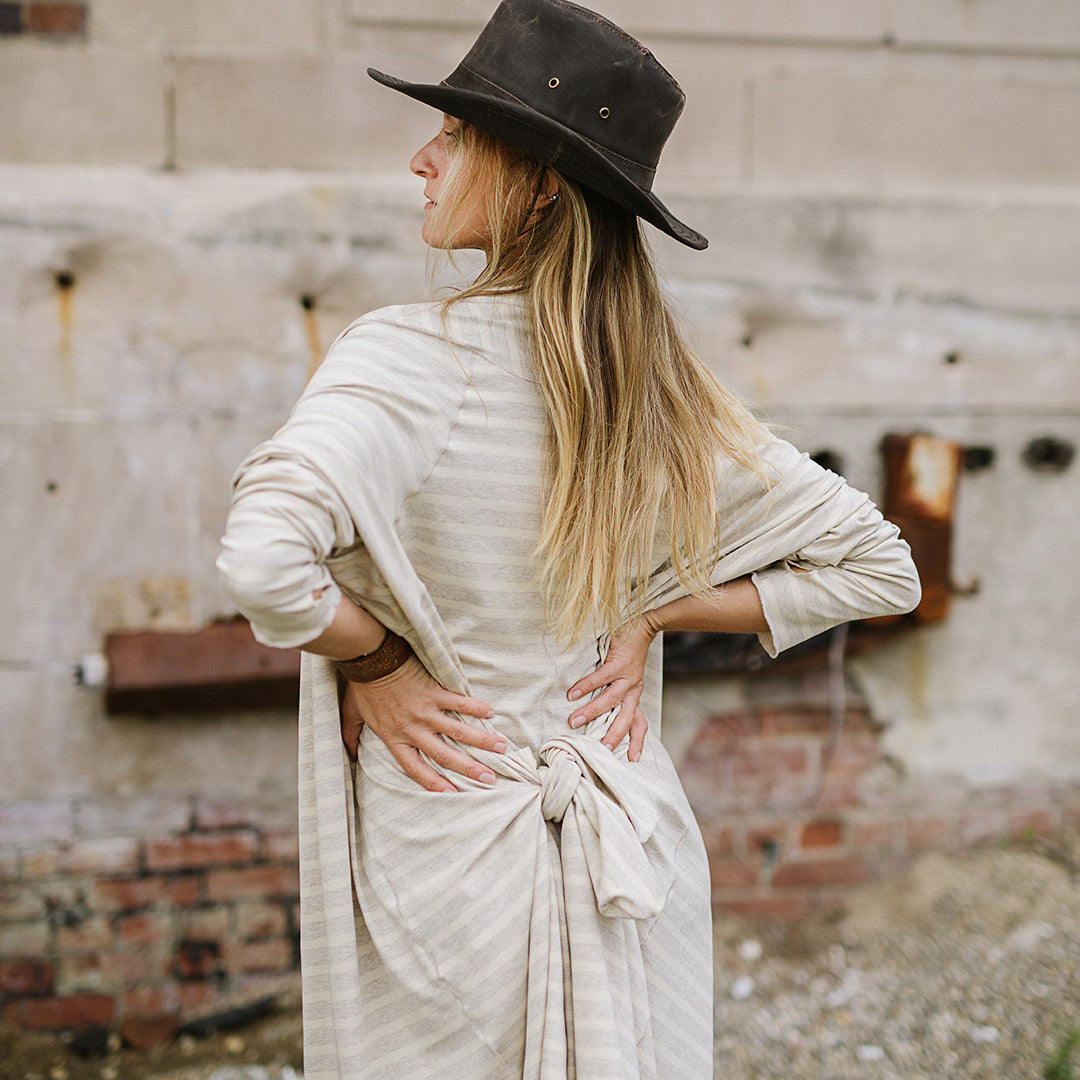 garden coat in dune tied in the back by the pockets