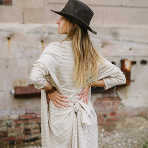 garden coat in dune tied in the back by the pockets