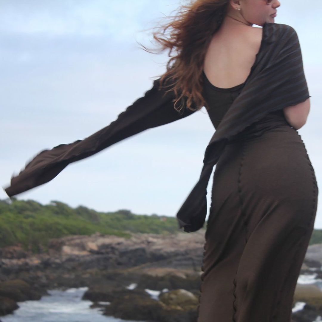goddess dress in espresso with woodland shawl