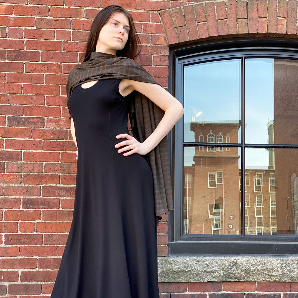 glow gown in black with woodland shawl