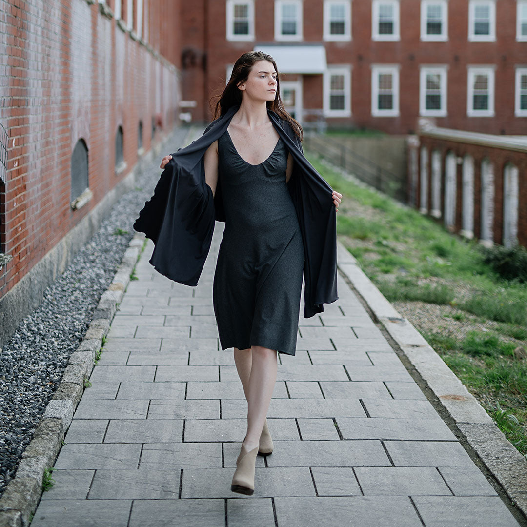 shawl in black over charcoal reversible pushup dress