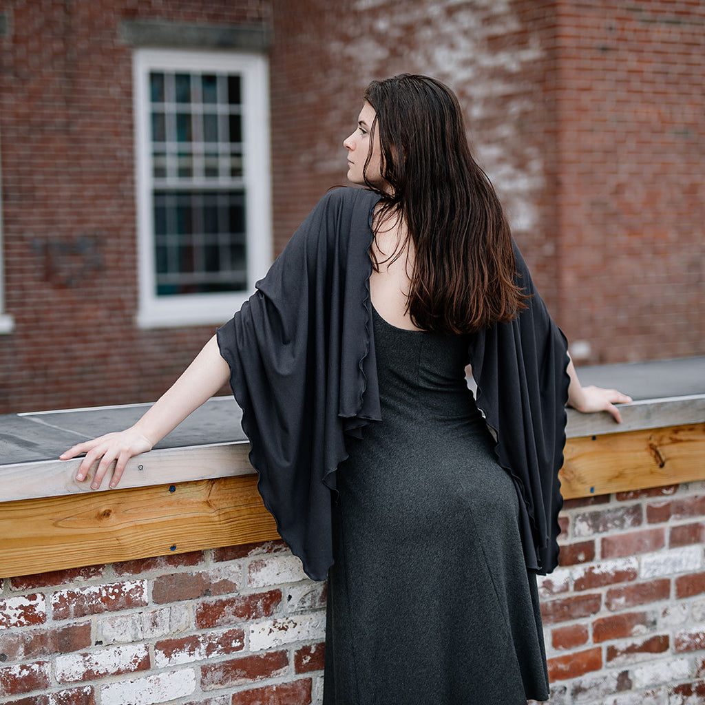 shawl in black with charcoal reversible pushup dress
