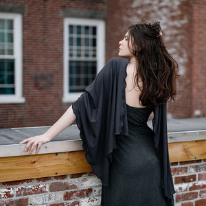 shawl in black over charcoal reversible pushup dress
