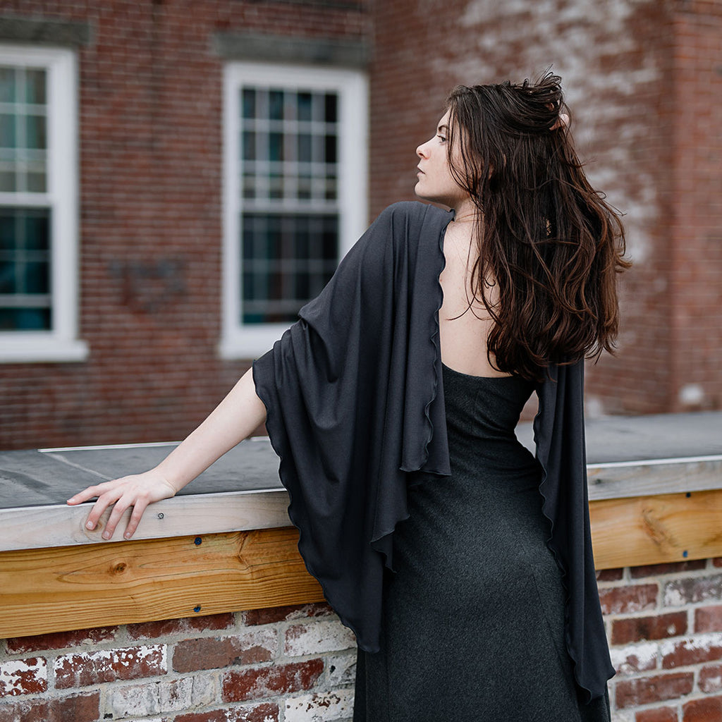 shawl in black over charcoal reversible pushup dress