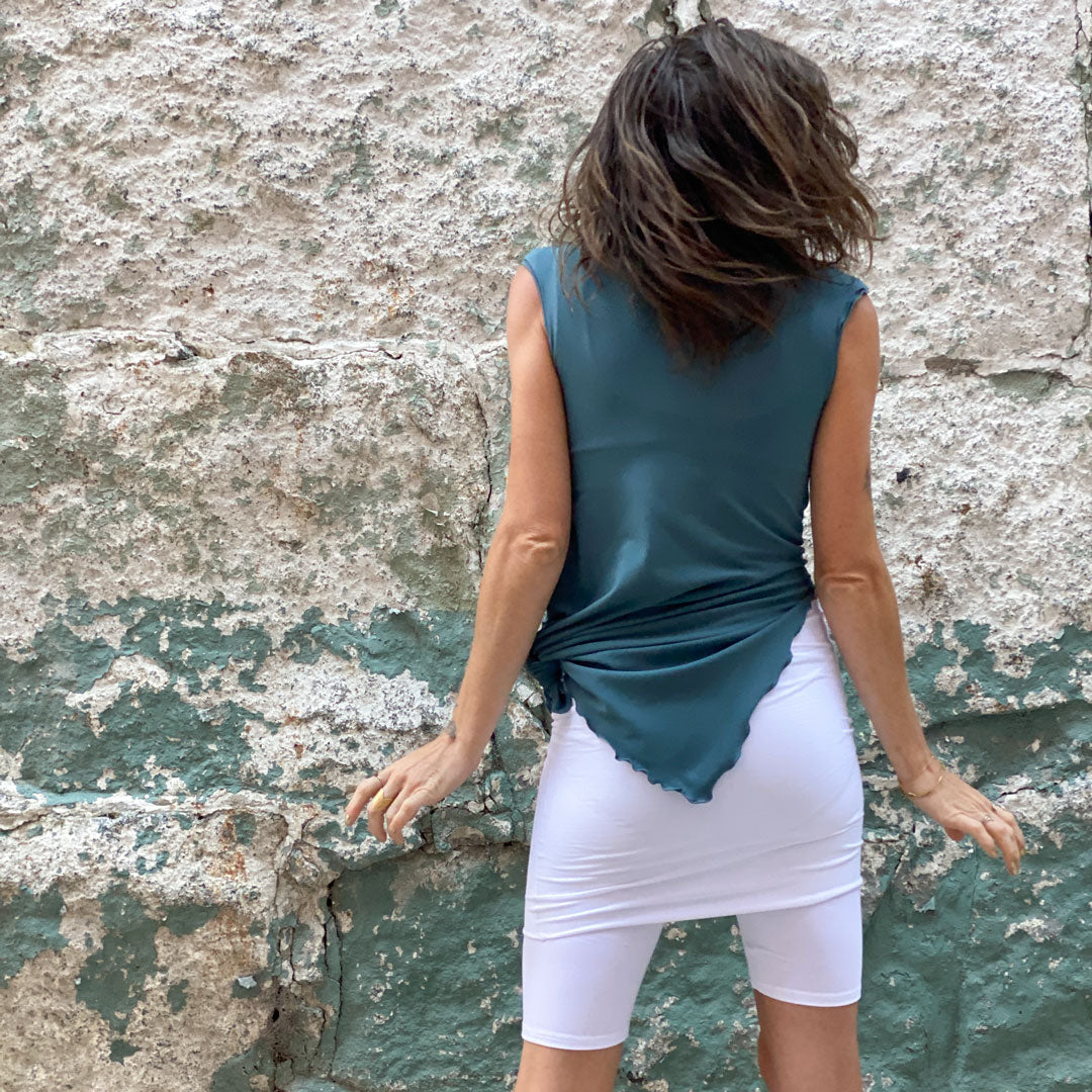 white hiker bike short + doublet in ocean