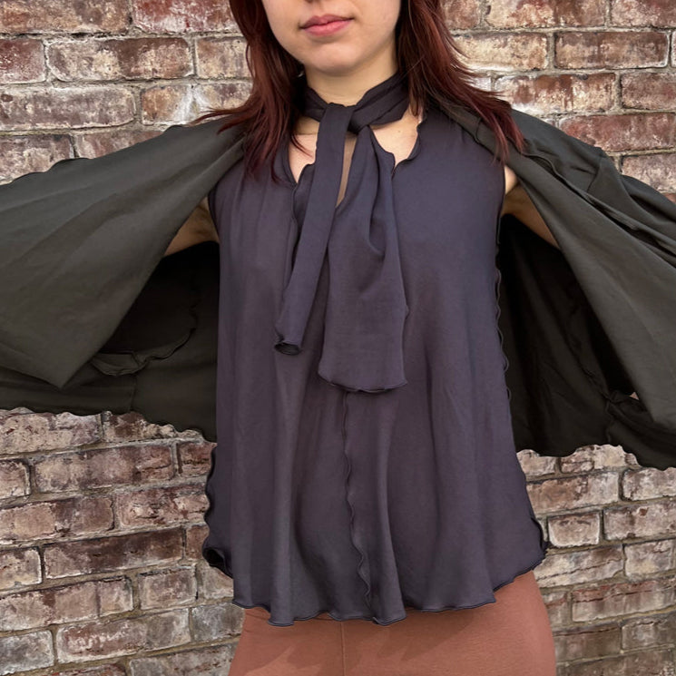 suger® honey tank top in carbon styled with fir flutter