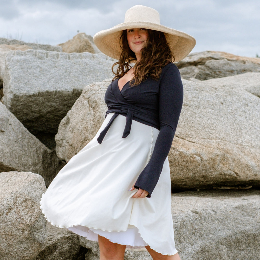 rappa jacket in navy styled with white + milk dancer