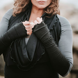 angelrox opera sleeves in black, with black flirt worn as halter cowl