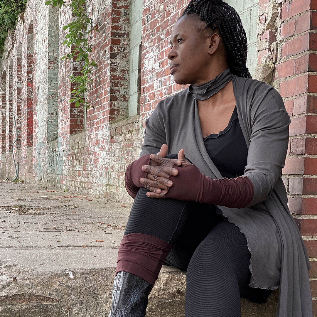 angelrox opera sleeves in wine with prima jacket in ore