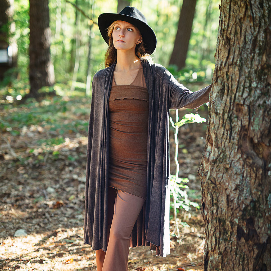 riding coat duster jacket in mineral with hourglass in almond as a top and trouser in cedar