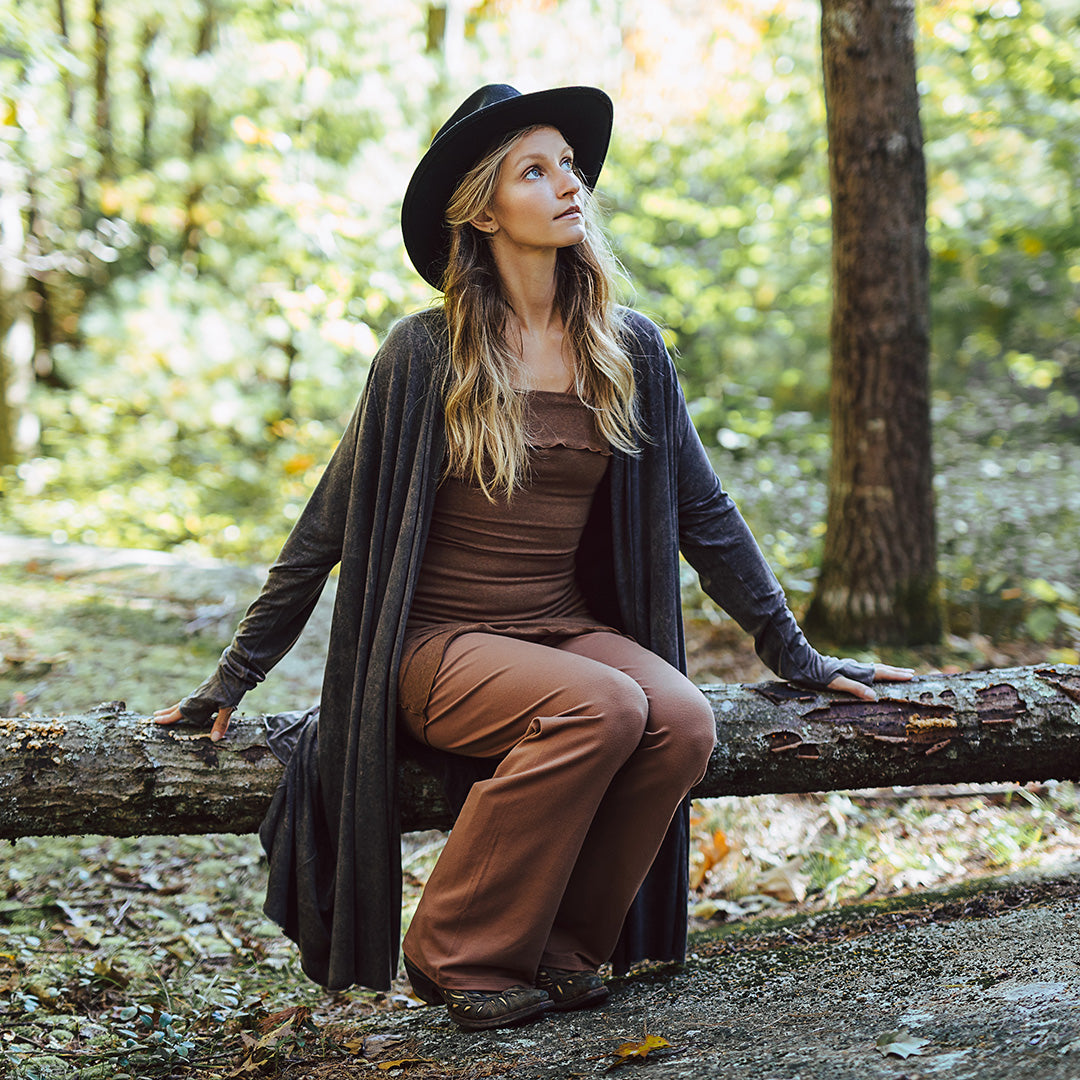 riding coat duster jacket in mineral with hourglass in almond as a top and trouser in cedar