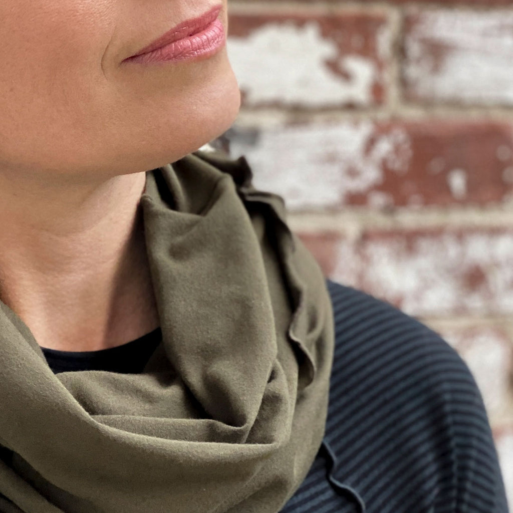 hourglass cowl in olive accents the subtle black swing