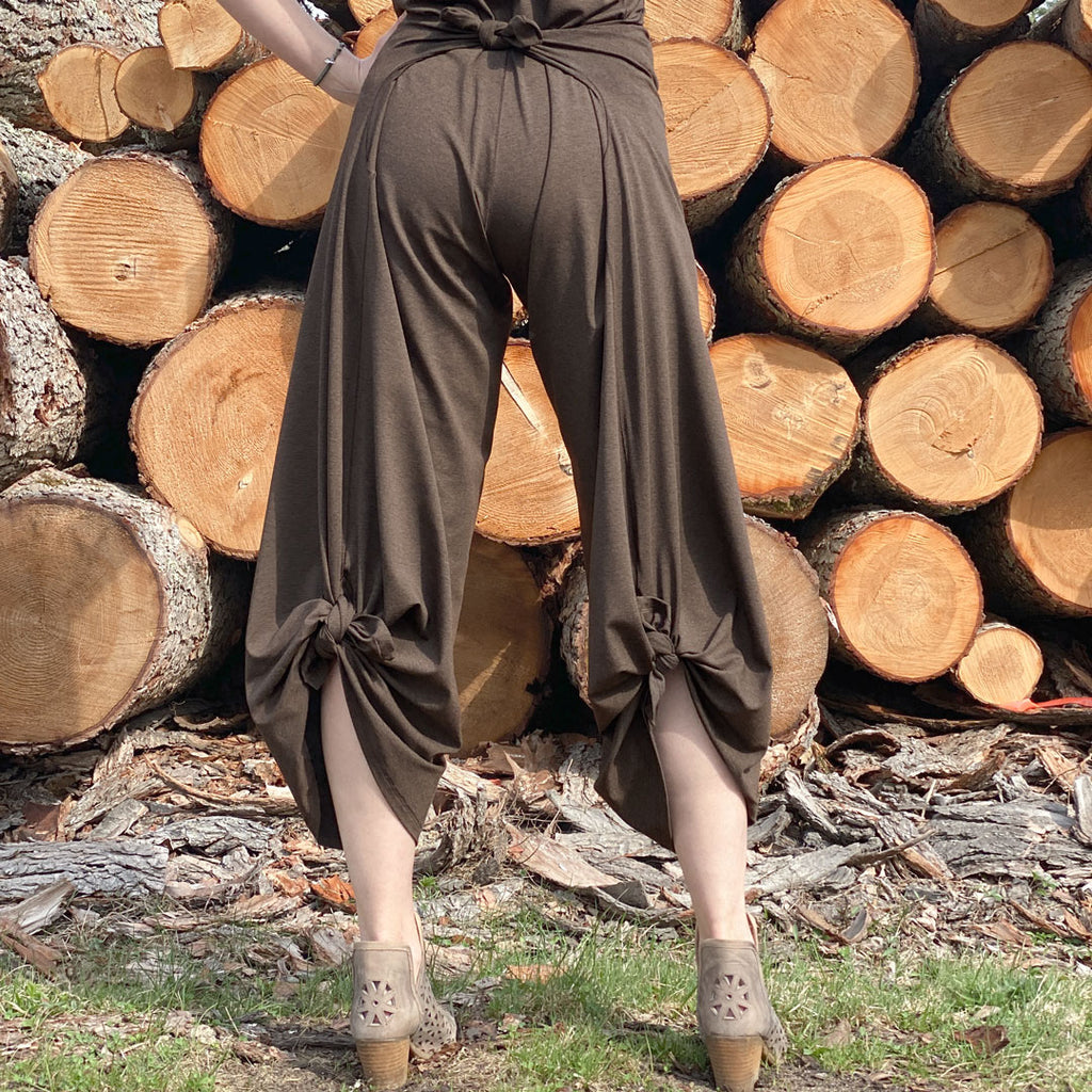 farmer jumpsuit in espresso with leg slits tied up in back and pockets tied in back