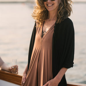 shawl in black over cedar farmer