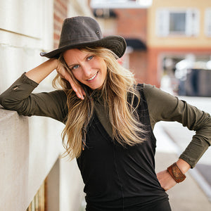 scuba hooded ski tunic in olive under black farmer jumpsuit