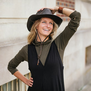 farmer jumpsuit in black with scuba top in olive