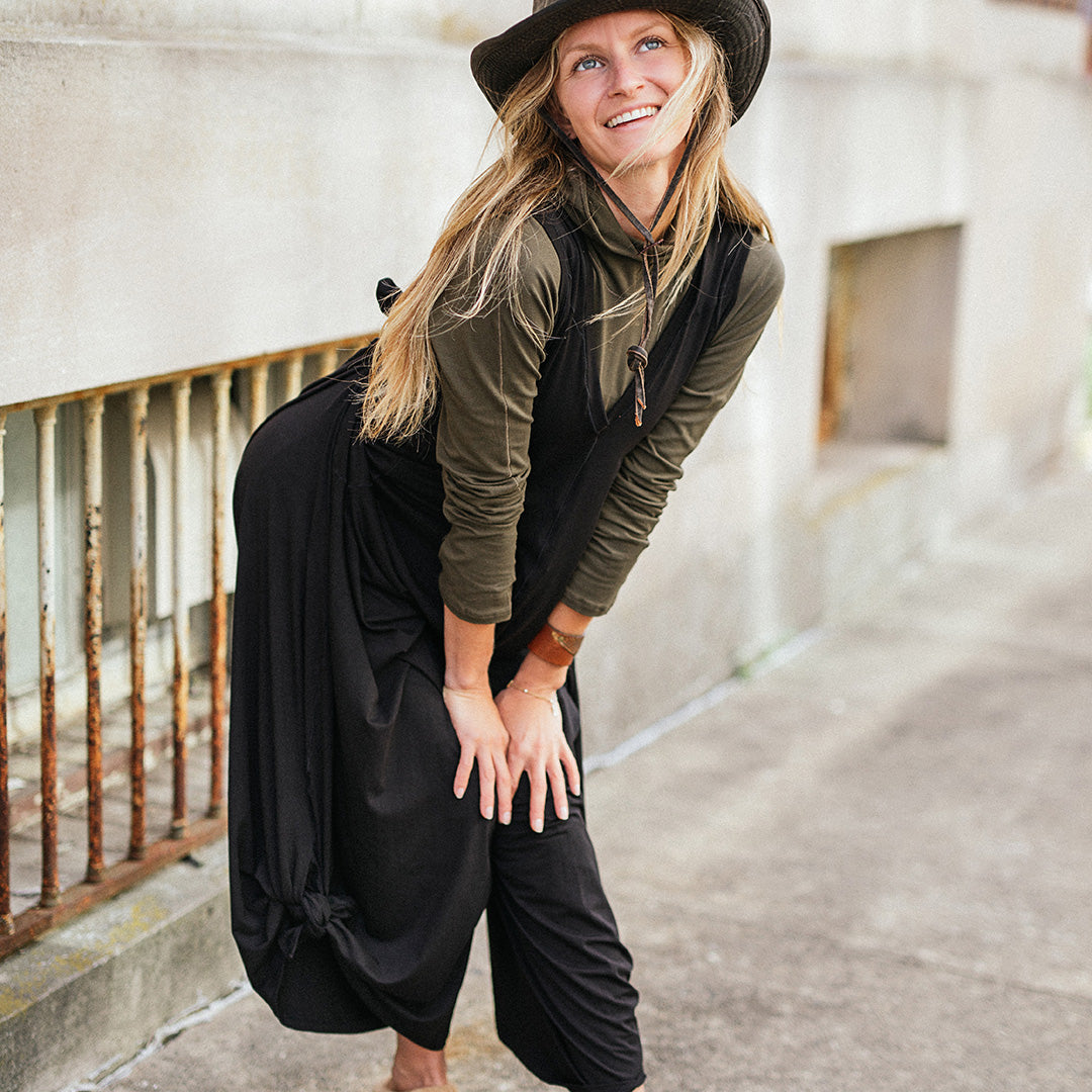 scuba hooded ski tunic in olive under black farmer jumpsuit