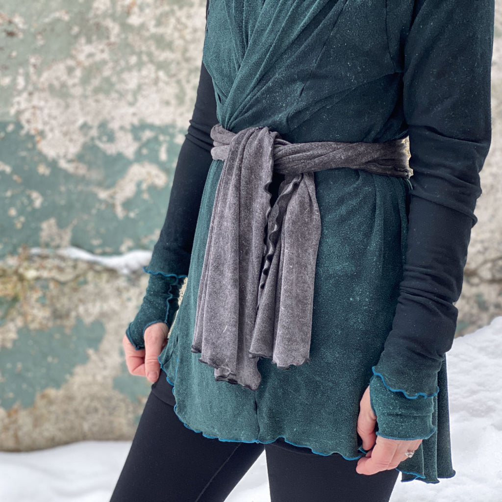 mineral lil' scarf as a belt over the blue mineral cardi