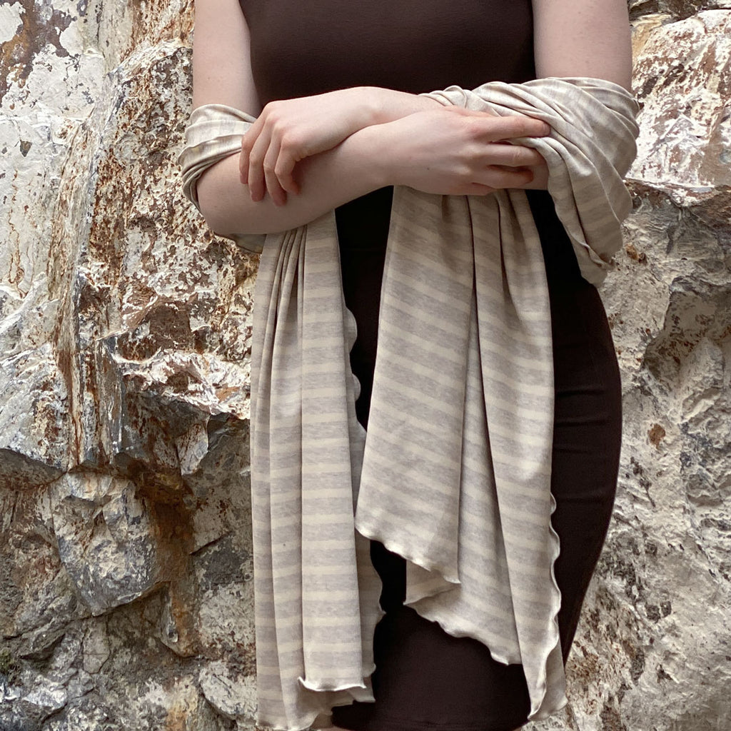 shawl in dune with sheath dress in peat