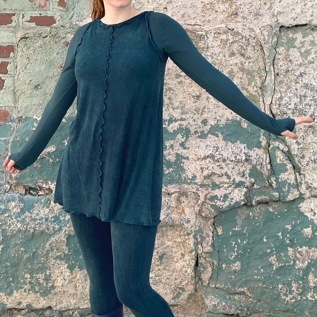 shift tunic tank in blue mineral layered over vneck in spruce
