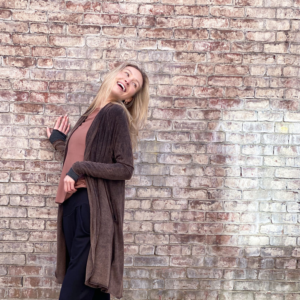 riding coat duster in mineral with rose top in cedar + jogger in black