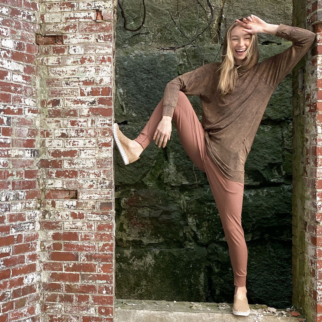 maeve hooded pullover in cedar mineral with cedar jogger