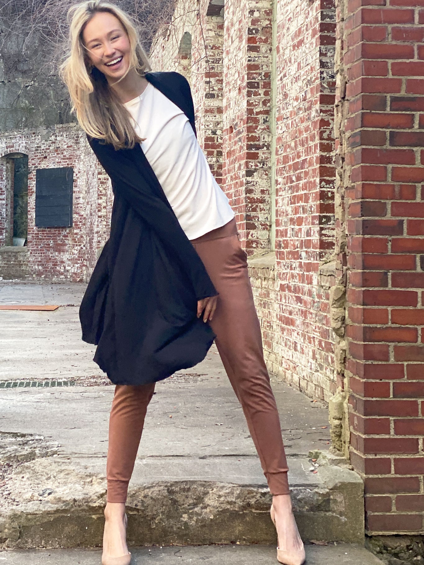 garden coat in black over rose top in milk with jogger in cedar