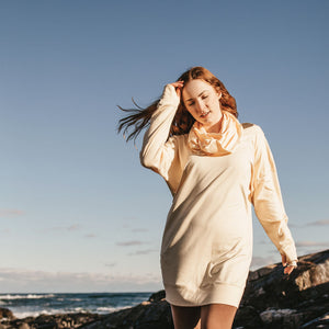 welder in butter bamboo terry with matching butter hourglass warming the neck