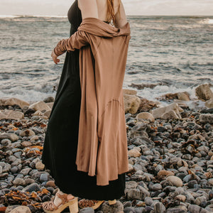 riding coat in cedar over black harmony dress