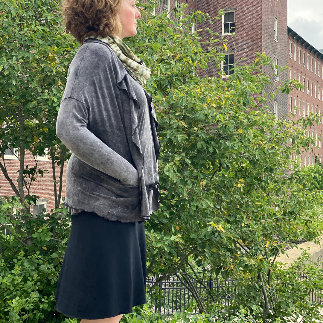 suger® flip skirt in black paired with mineral river + olive handdye loop