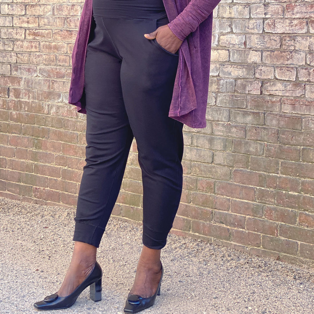 black jogger + coco in pink mineral for a dash of elegance