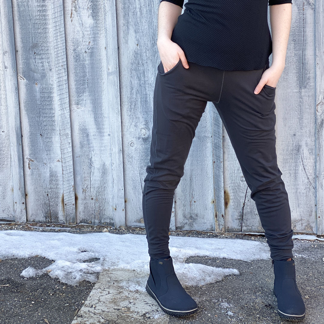 carbon terry sweatpant + rose top in subtle black stripe