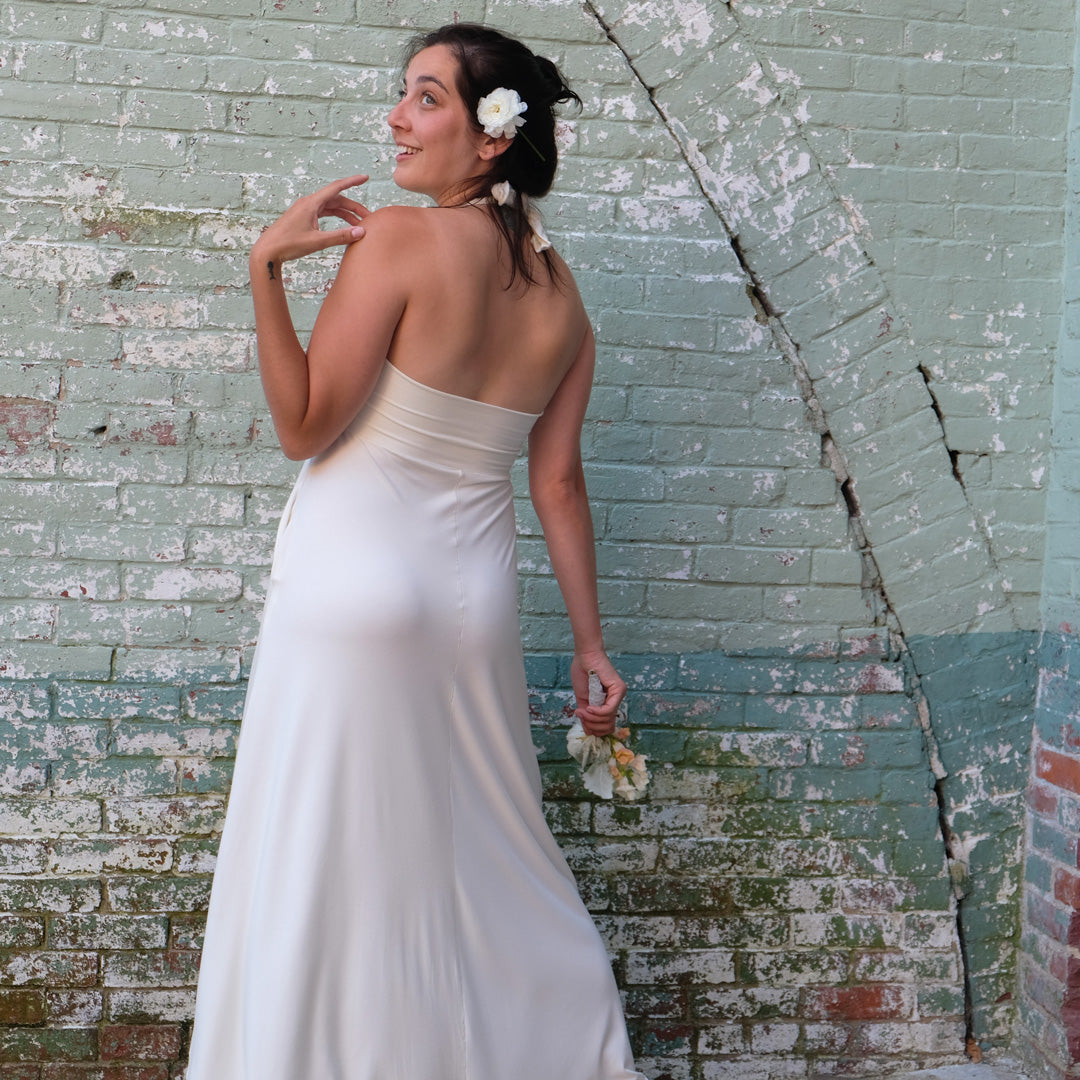 angelrox® harmony vneck halter dress in milk