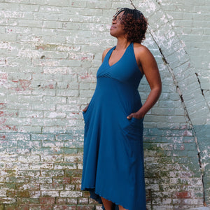 angelrox® harmony vneck halter dress in lagoon