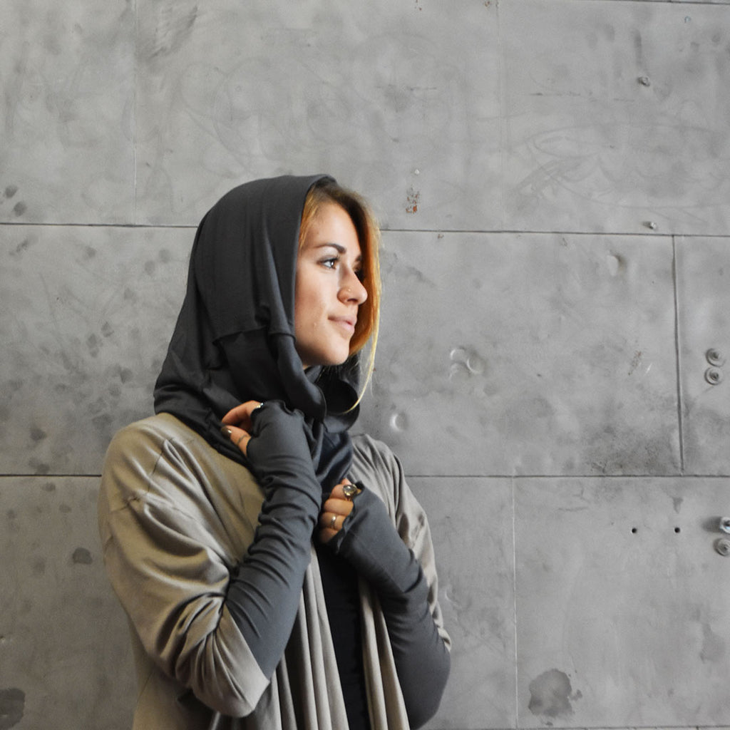 angelrox essentials. opera sleeves + hourglass hooded cowl in ore