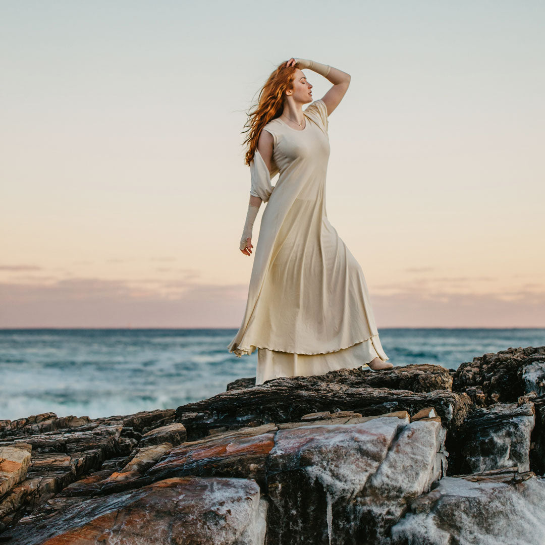 lady flirt, loop, aria gloves, and glow gown all in milk