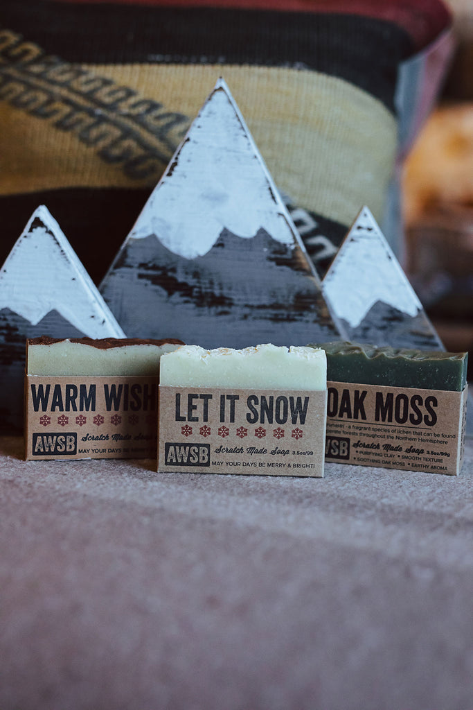 good soap in three scents, warm wishes, let it snow, and oak moss