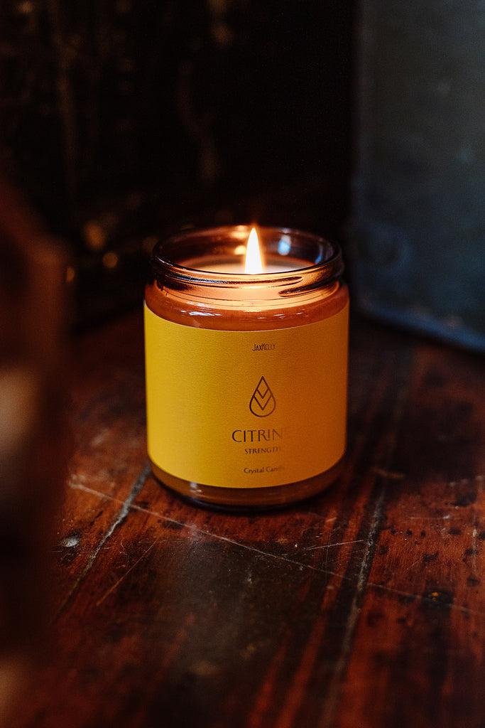 hand poured crystal candle in the scent citrine